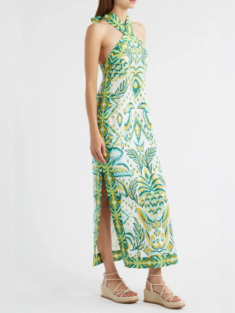 Farm Rio Tropical Tapestry Euroflax Premium Linen Maxi Dress Off White Womens XL - Picture 3 of 16